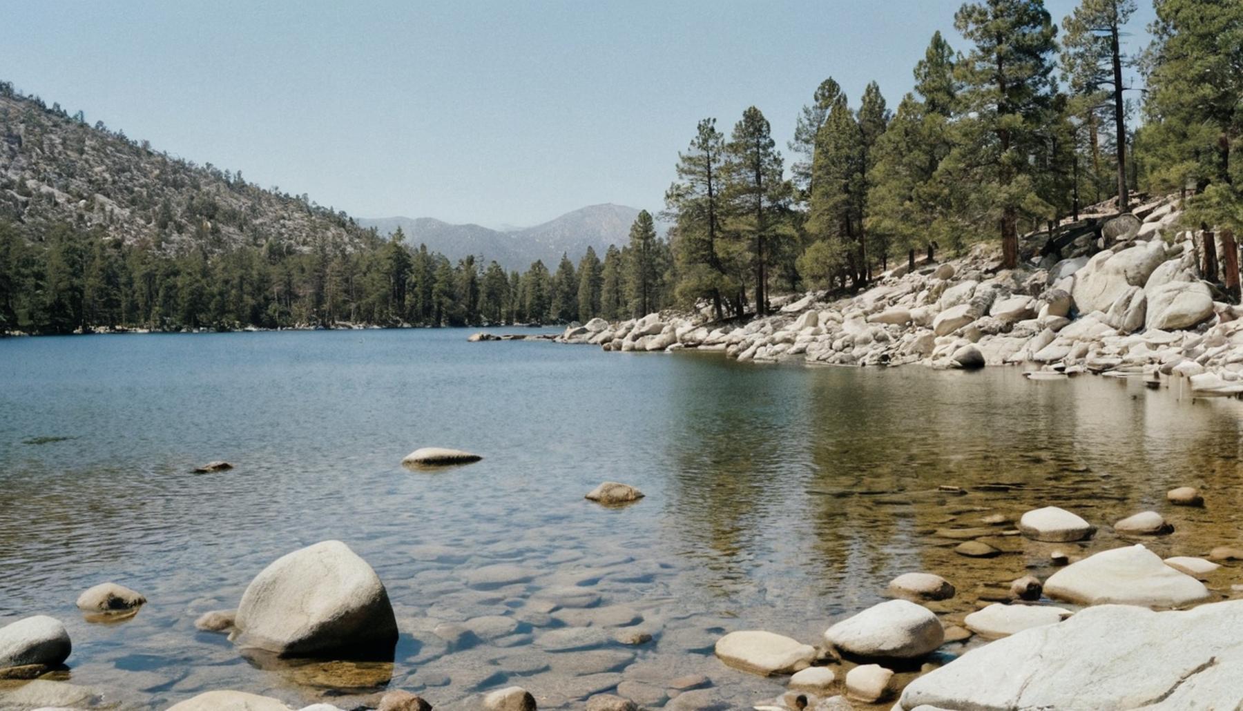 Alpine lake shoreline with boulders and pines in the San Bernardino Mountains