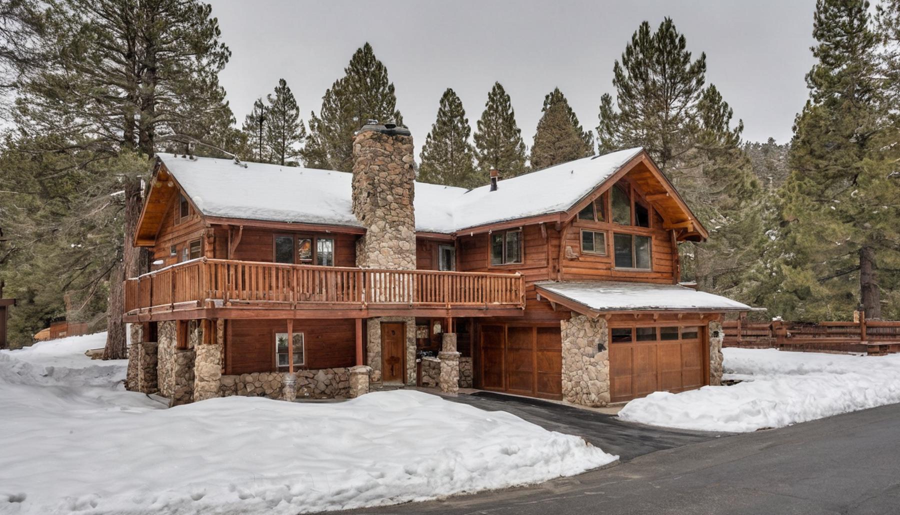 Snow-covered mountain cabin with a stone chimney surrounded by pine trees