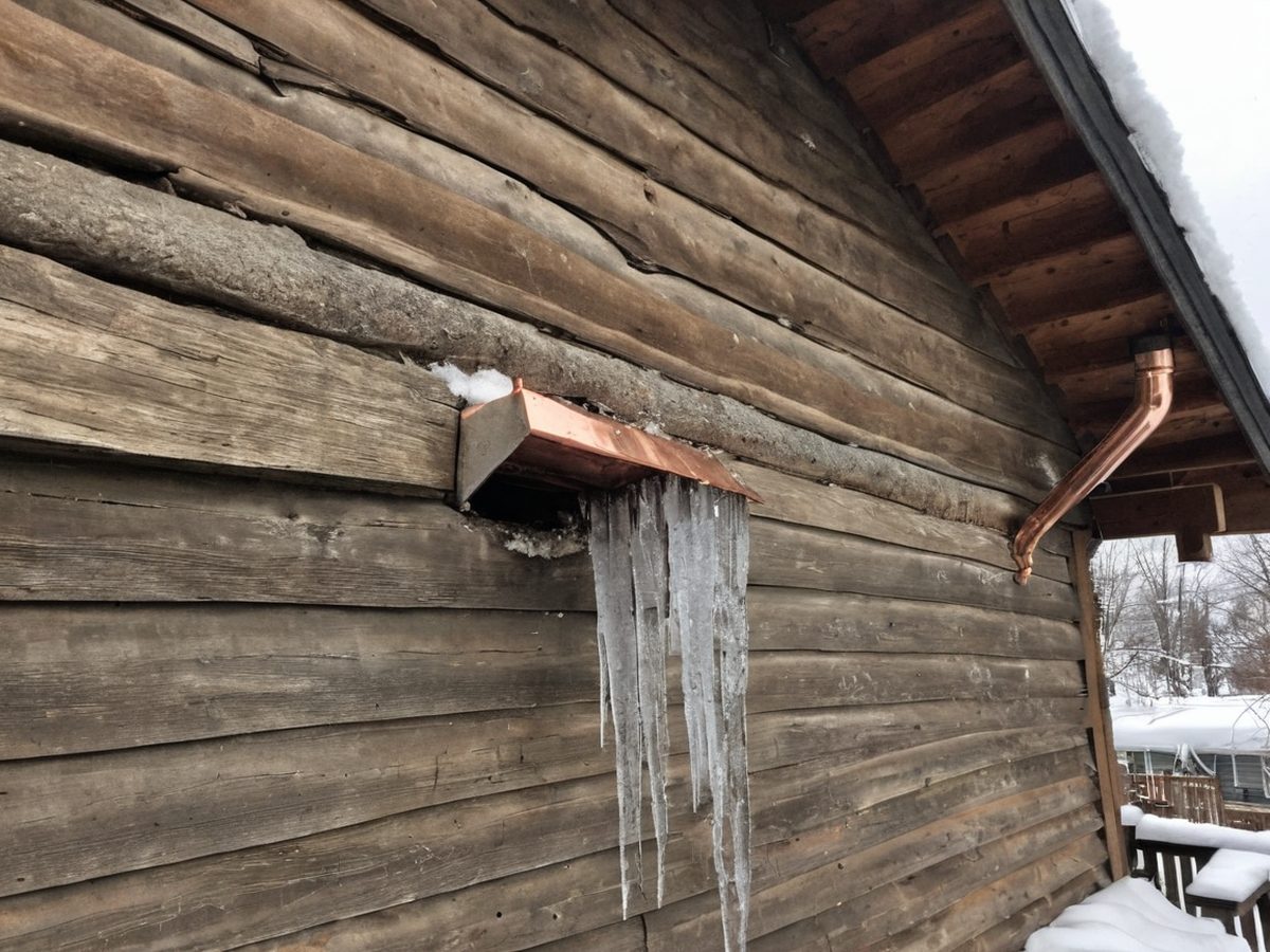 Frozen split water line with icicles hanging beneath the eave of a mountain cabin