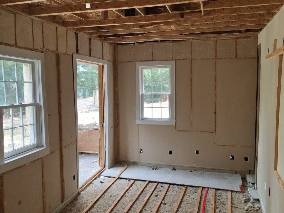 Interior of a mountain home under construction with open stud walls and new plumbing runs
