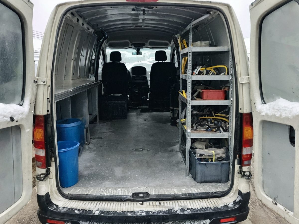 Interior of a stocked plumbing work van parked on a snowy street