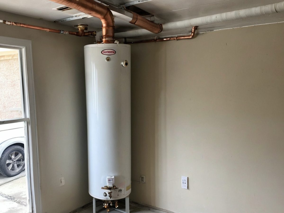 Newly installed residential gas water heater with copper supply lines in a garage
